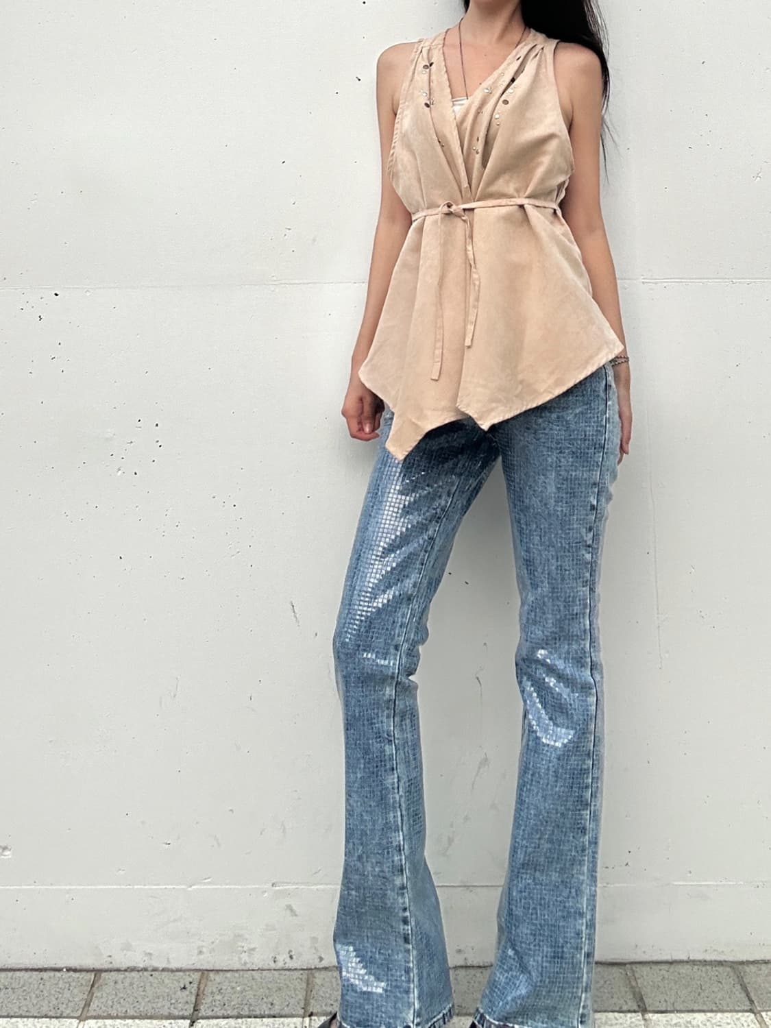 Western mini stud velvet vest / brown 상품이미지2