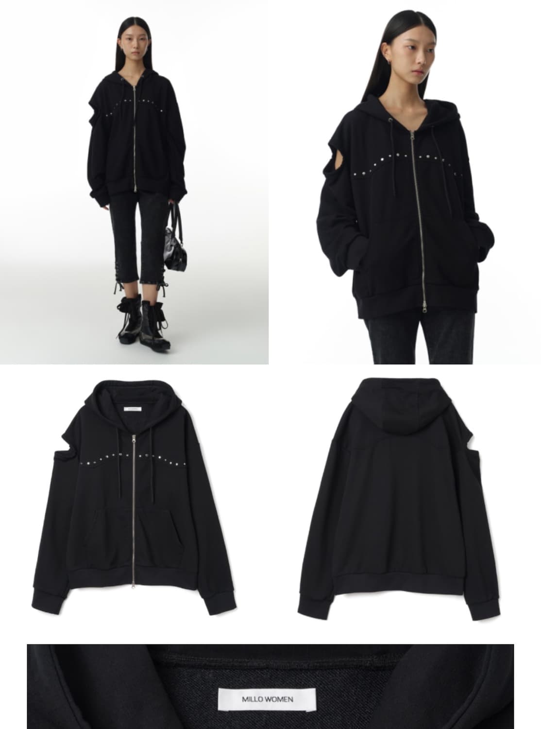 Millo women cut out stud hood zip-up 블랙 상품이미지1