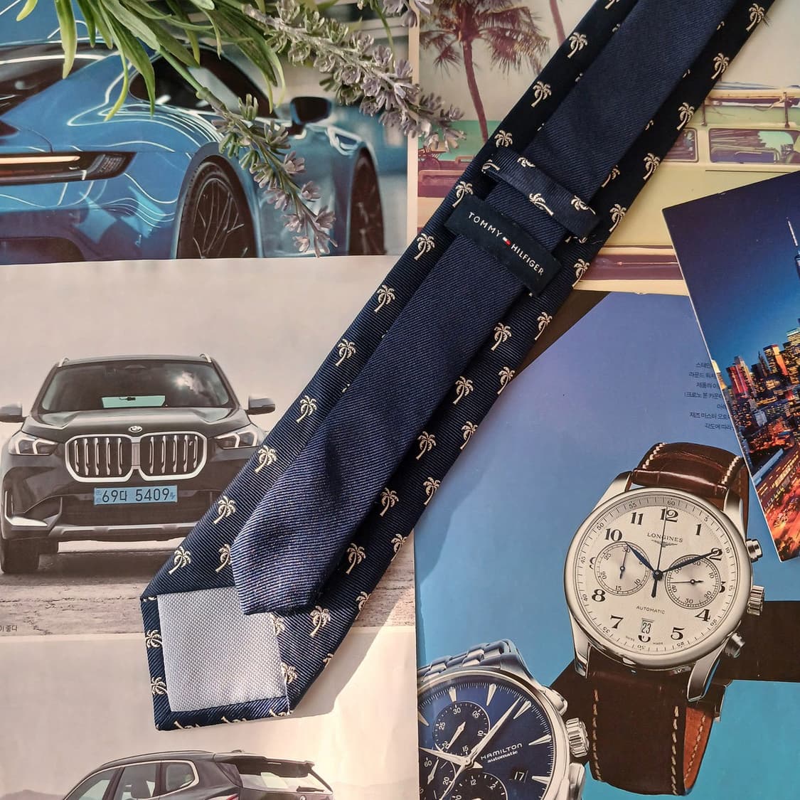 타미 힐피거 실크 네이비 팜트리 패턴 넥타이 7cm A+등급 A19091 상품이미지4