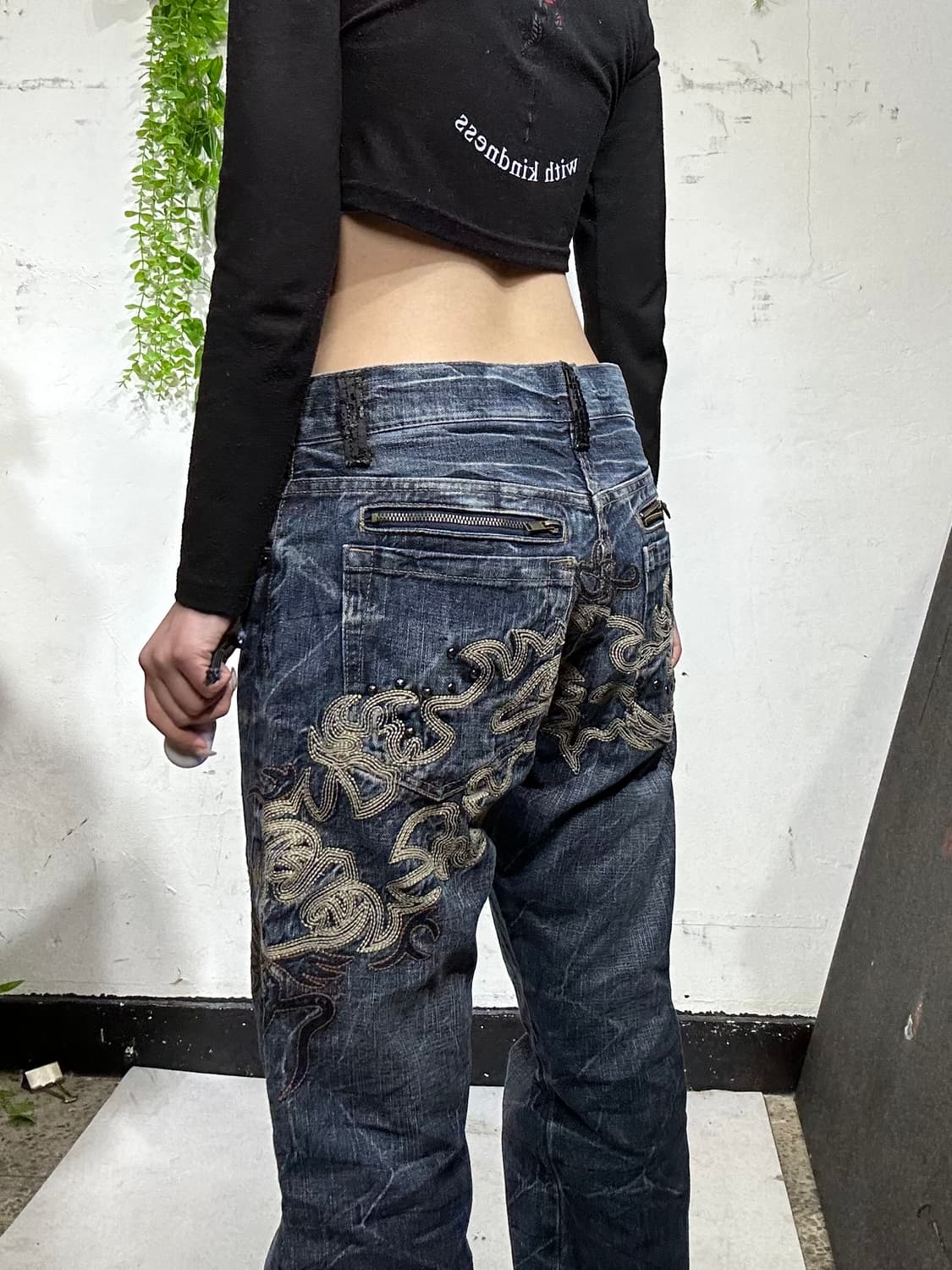 일본 빈티지 중청 자수 디테일 와이드 데님 팬츠 힙합 새깅 청바지  상품이미지4