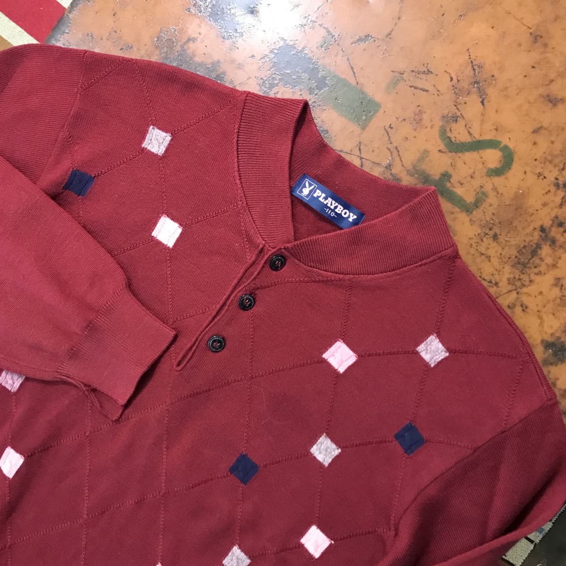 빈티지 플레이보이 버건디 아가일 패턴 헨리넥 니트 남성 105 사이즈 상품이미지3