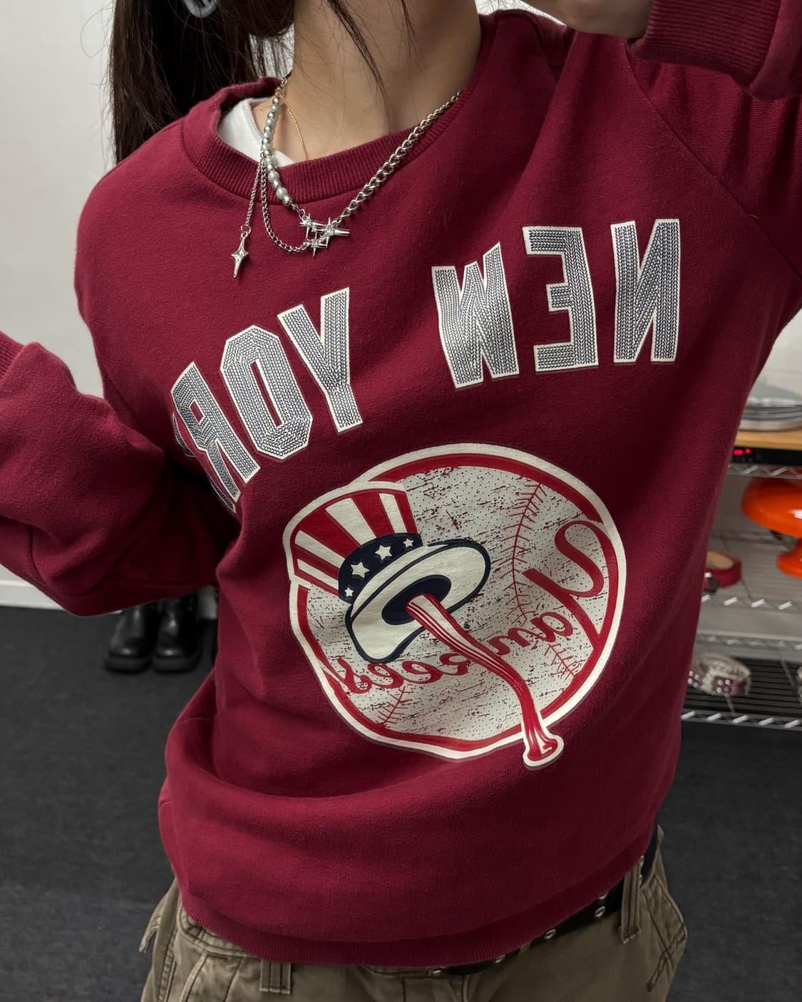 MLB 00s 뉴욕 양키즈 버건디 맨투맨 상품이미지1
