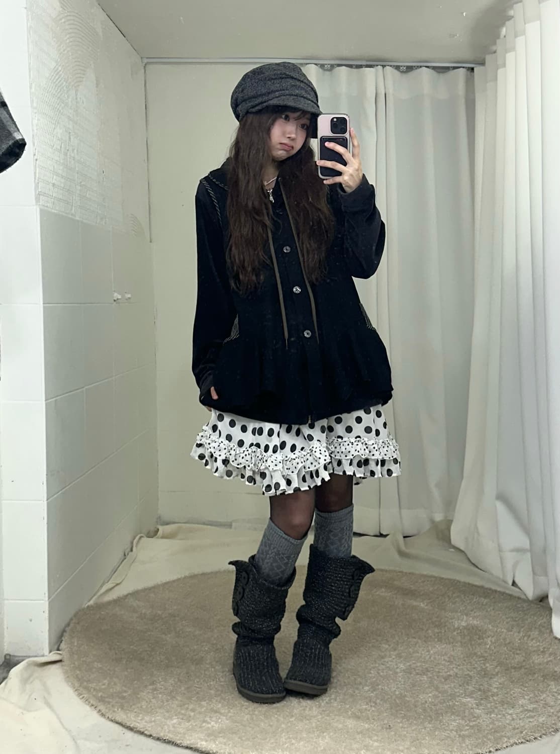 체크 하이넥 케이프 코트 무채색 니혼진 코디세트 상품이미지3