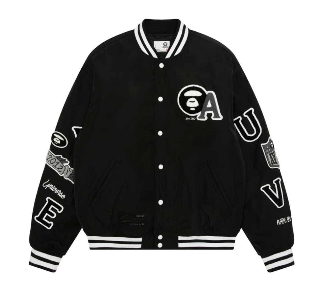 aape 에이프 베이스 문페이스 베이스볼 메인 자켓 바시티 스타디움 블랙 상품이미지1