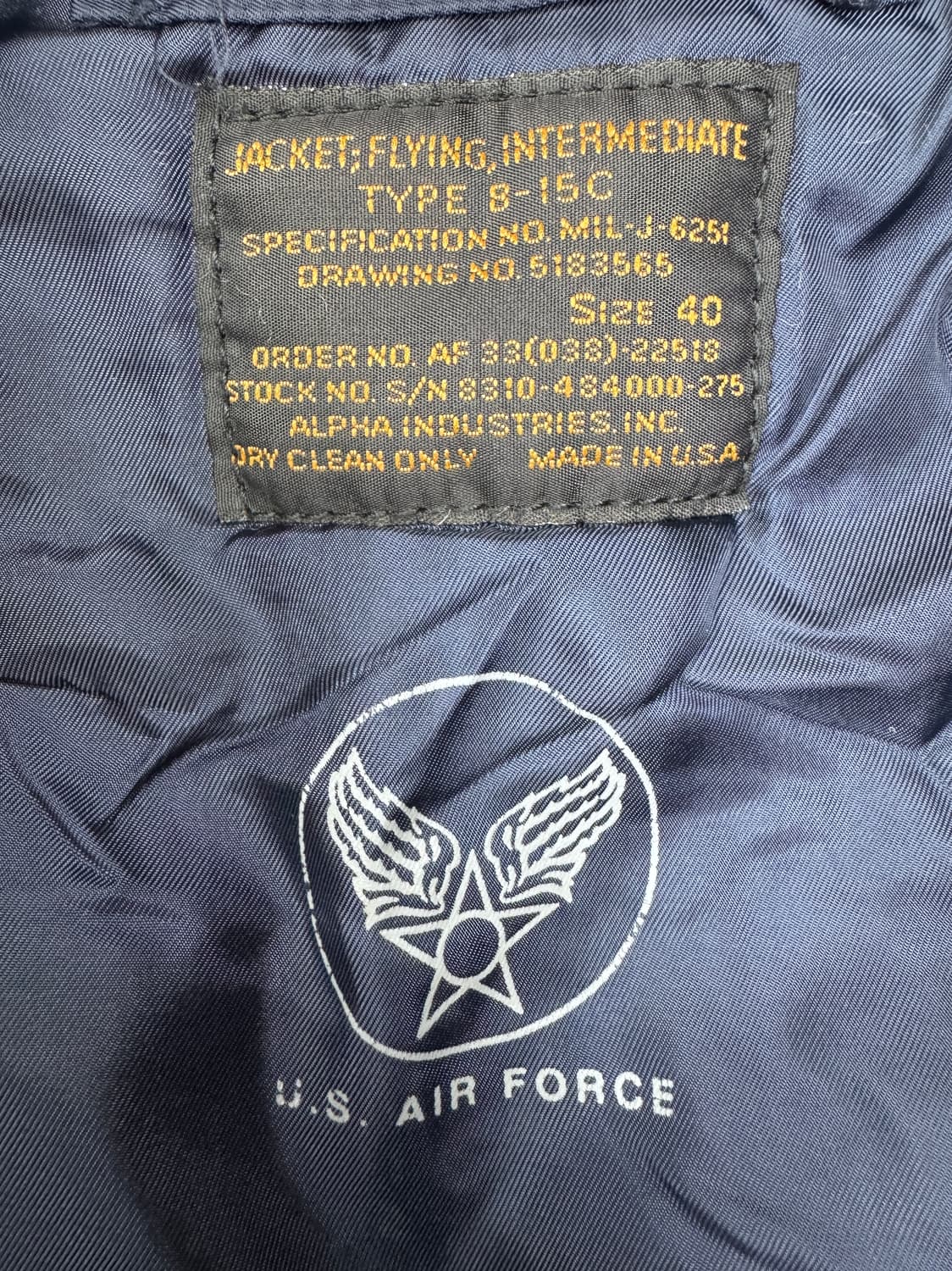 빈티지 90s 알파인더스트리 B-15C 항공자켓 네이비 40 상품이미지4