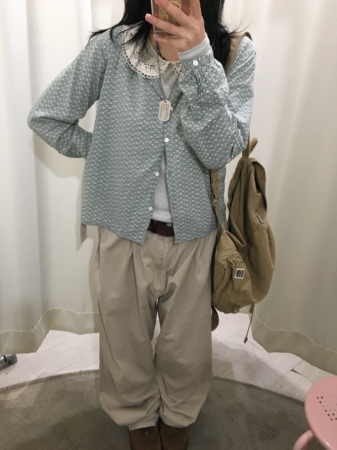 둥카라 슬리브 + 잔꽃 블라우스 모리 상의 세트 상품이미지3