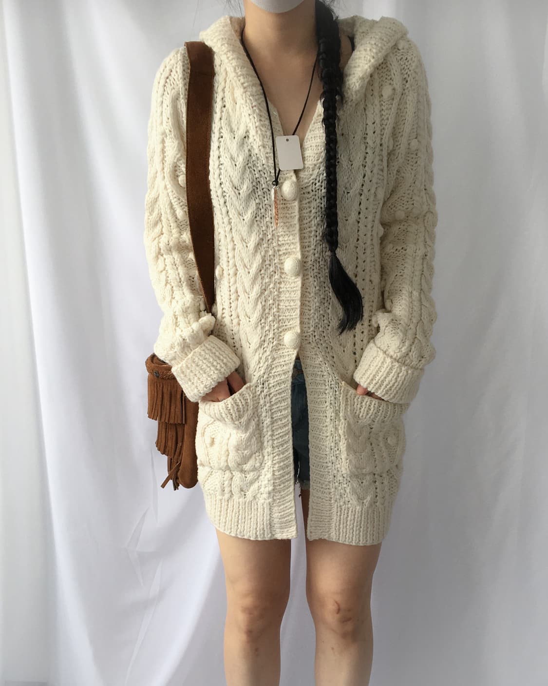 Pompom point knit hood cardigan 상품이미지1