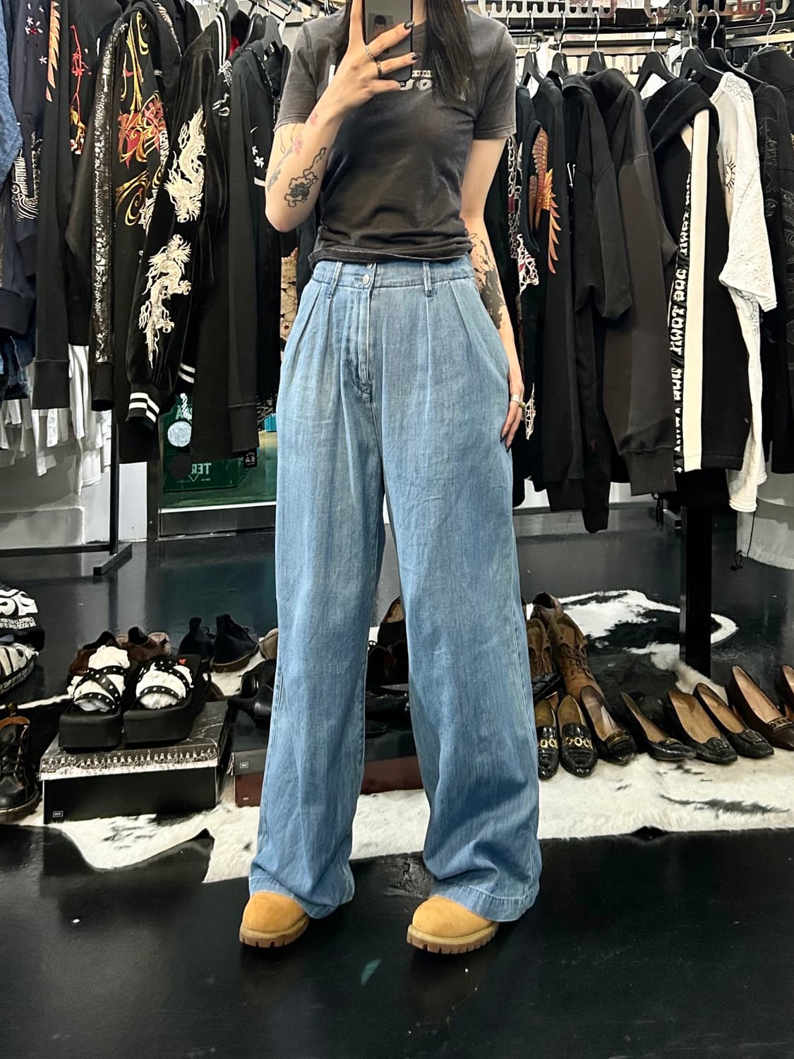 빈티지 투버튼 핀턱 와이드 데님 팬츠 상품이미지2