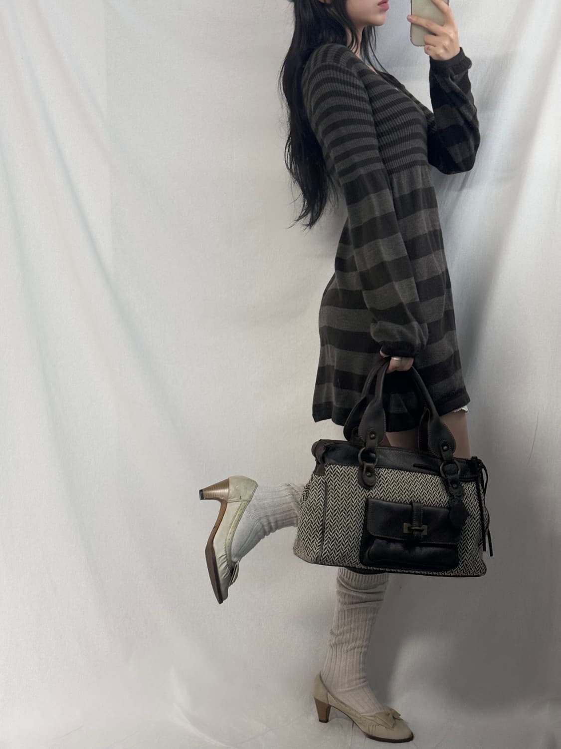 스트라이프 패턴 퍼프 슬리브 니트 원피스 (이너 세트 구매 가능) 상품이미지5