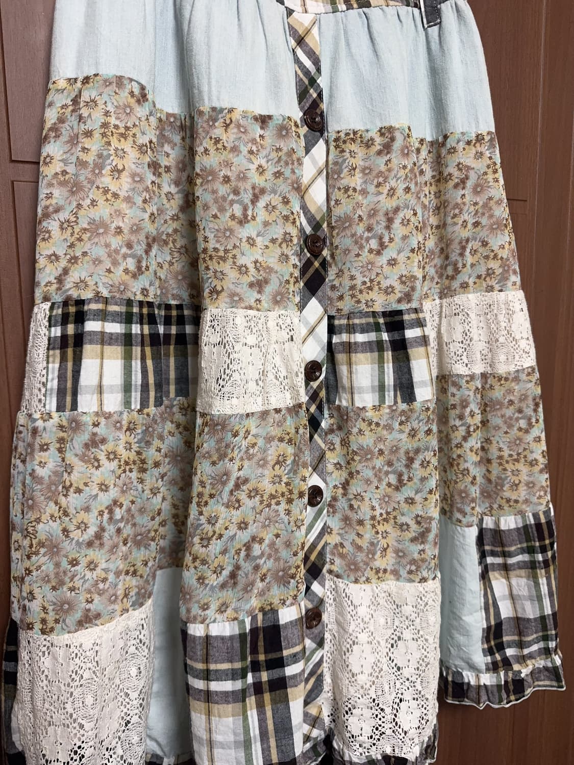 모리걸 하구미 일본 빈티지 체크 레이스 패치워크 롱 스커트 상품이미지3
