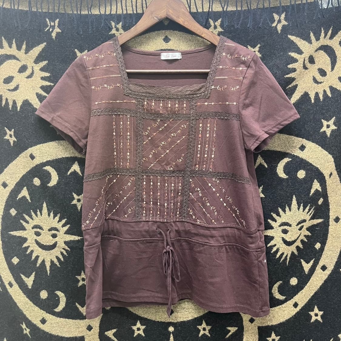 빈티지 초코브라운 레이스 셔링 오리엔탈 자수 반팔티 K0019 상품이미지3