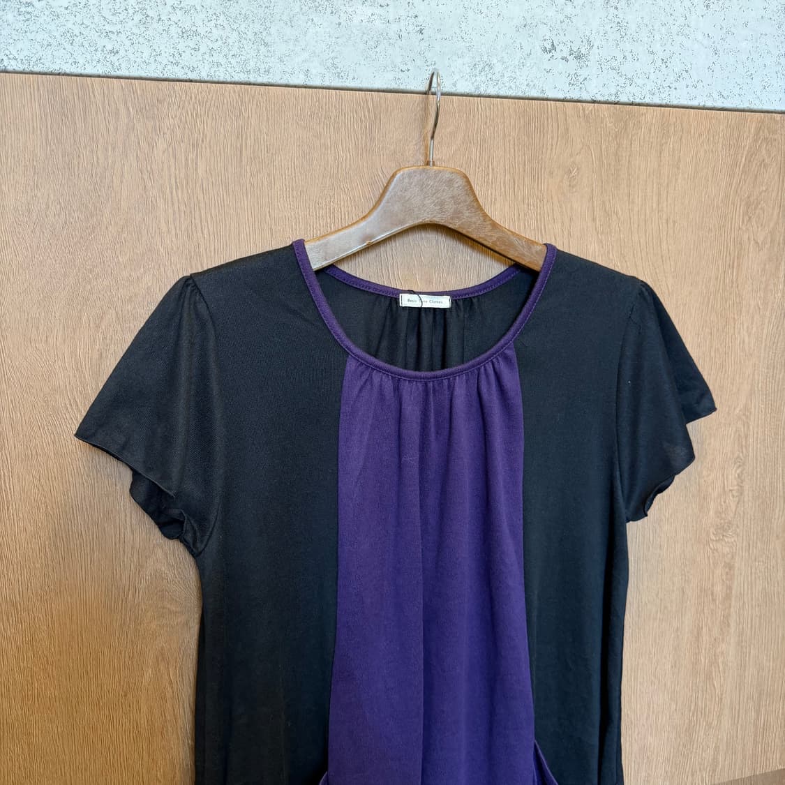 빈티지 반팔 롱 티셔츠 셔링 퍼플 배색 디테일 루즈핏 블랙 상품이미지3