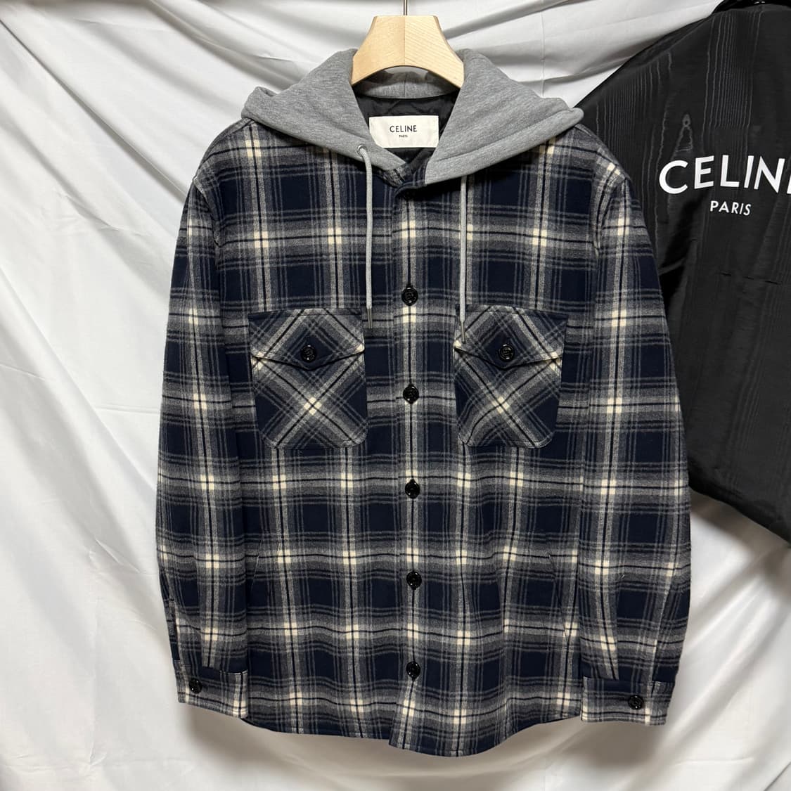 [S+급/오버핏44] 셀린느 체크 코튼 후드 오버셔츠 자켓 상품이미지3