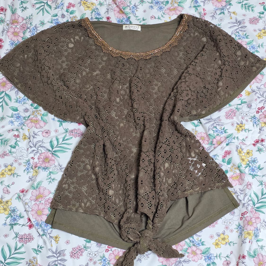 엑시즈팜 일본빈티지)딥그린카키 스즈코모리걸 레이어드 니트시스루블라우스 상품이미지1