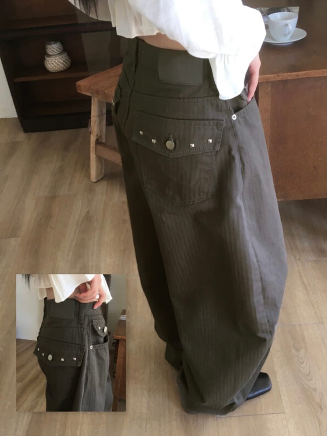 원더원더 핏츠 스터트 백포켓 줄지 코튼 와이드 팬츠 상품이미지1