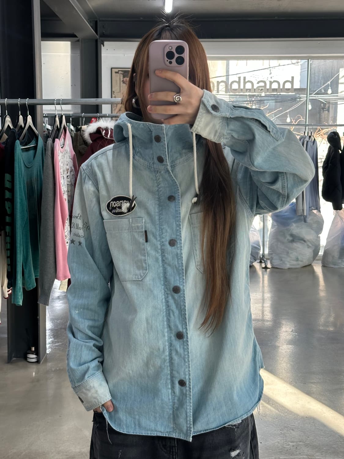 벤슨 스타 워시드레터링 하이넥 데님후드자켓 상품이미지1