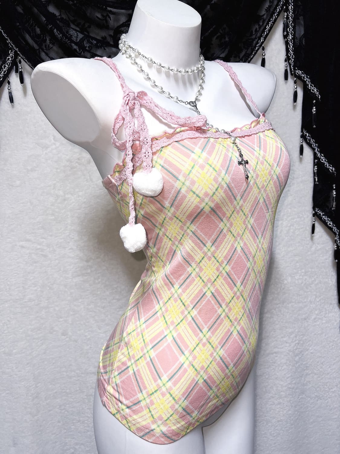 리즈리사 체크 프릴레이스 폼폼 슬리브리스 나시 히메갸루 라떼 핀터 팝걀 상품이미지2