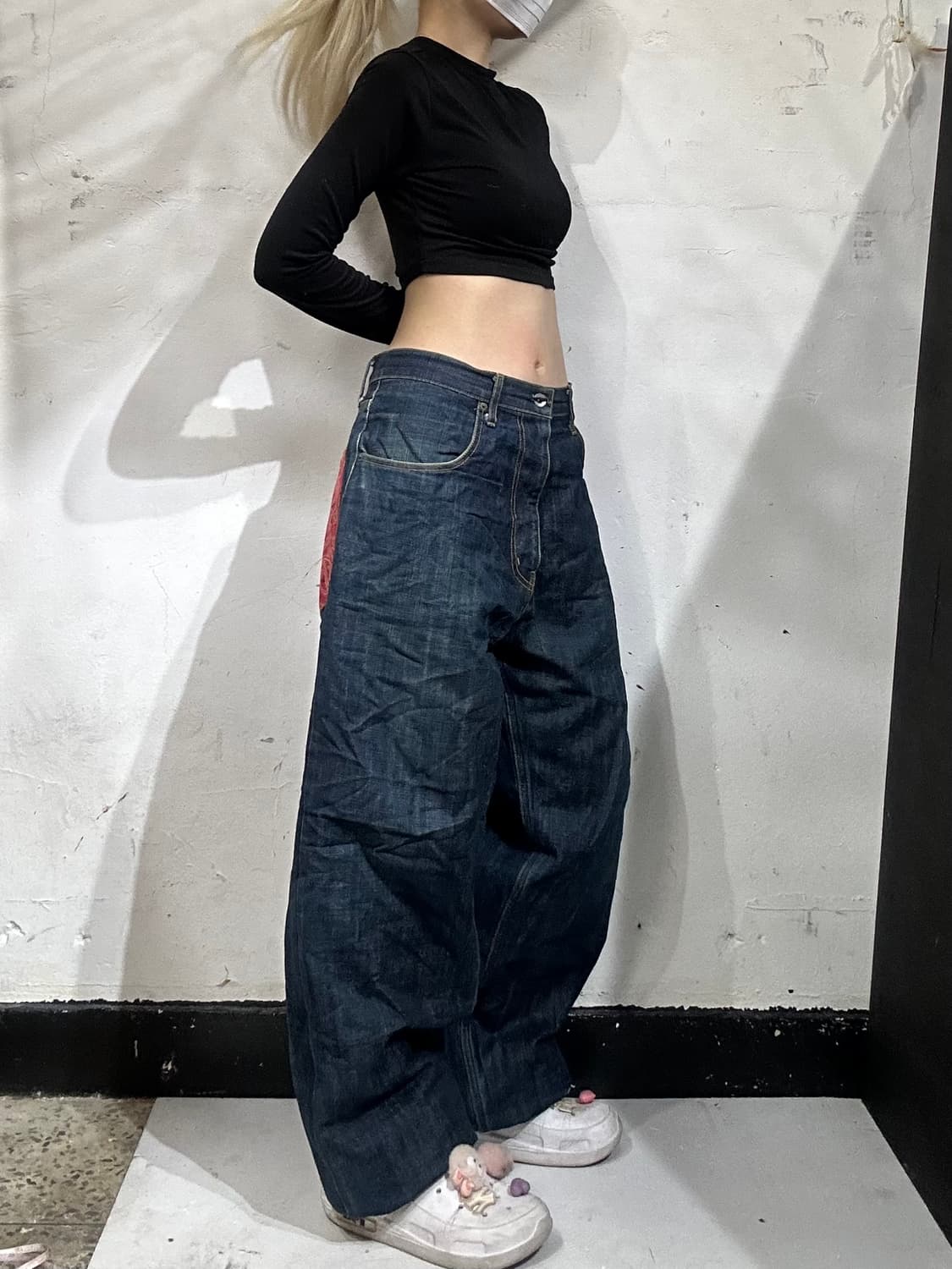 90s 일본 빈티지 진청 백 포켓 포인크 와이드 힙합 데넴 팬츠 청바지 상품이미지2