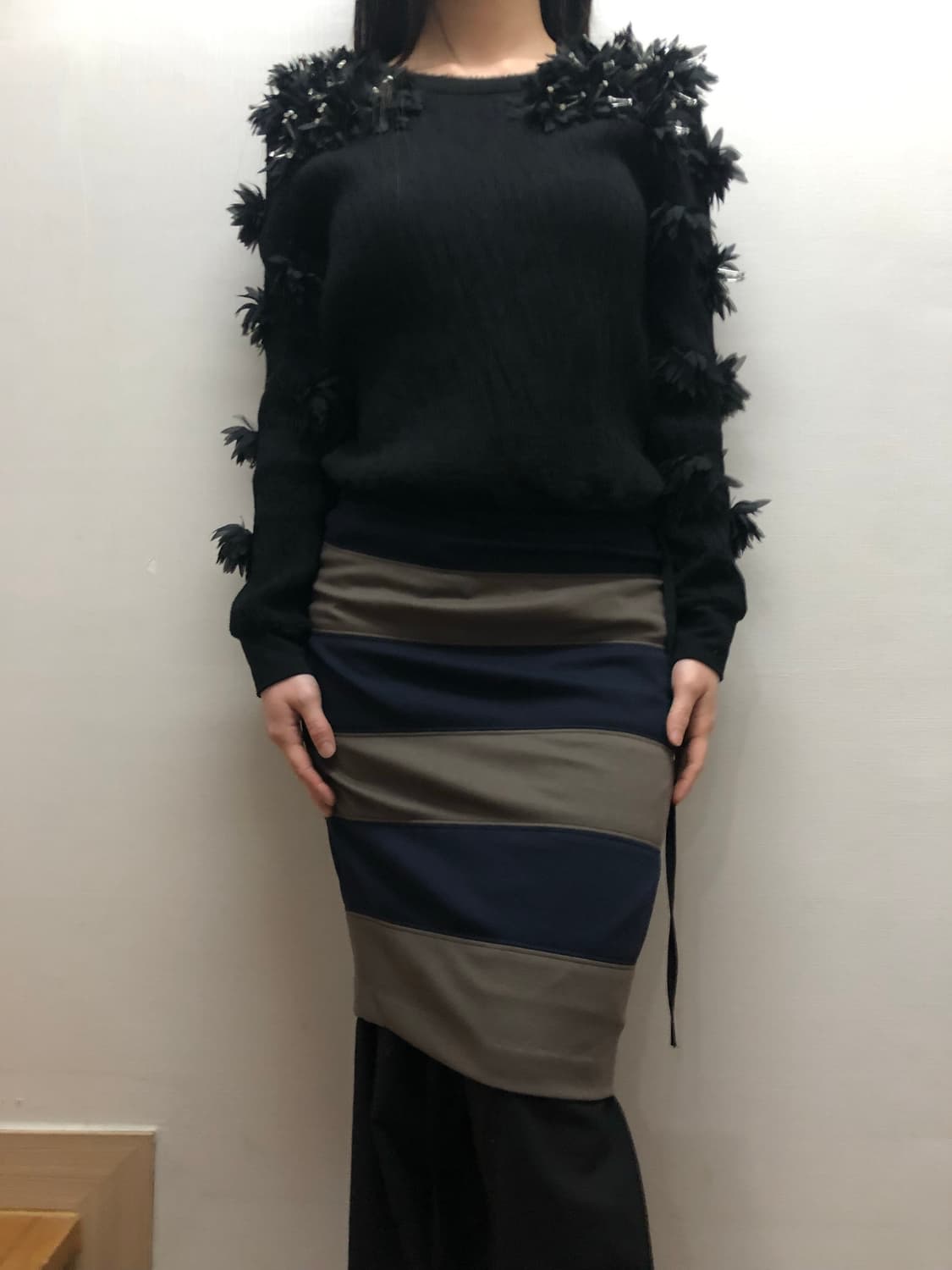 빈티지 카키 스트라이프 미디 스커트 상품이미지3