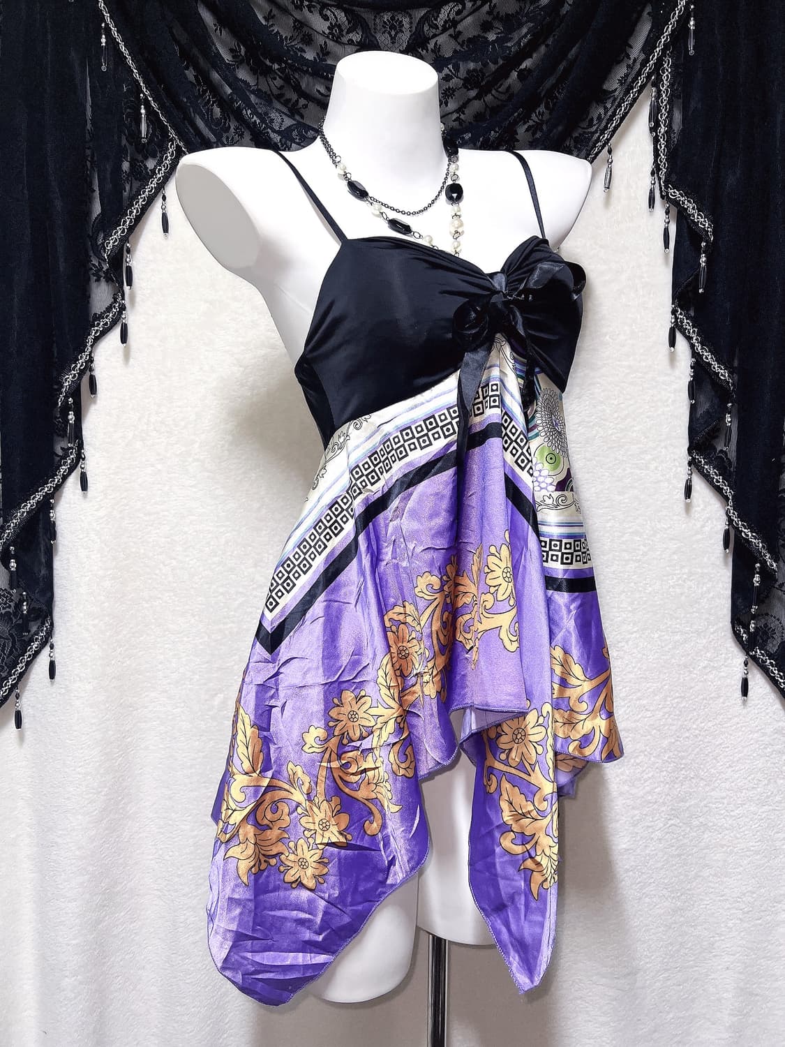 오리엔탈 오네갸루 페어리 패턴 페이즐리 리본 슬리브리스 나시 미니원피스 상품이미지3