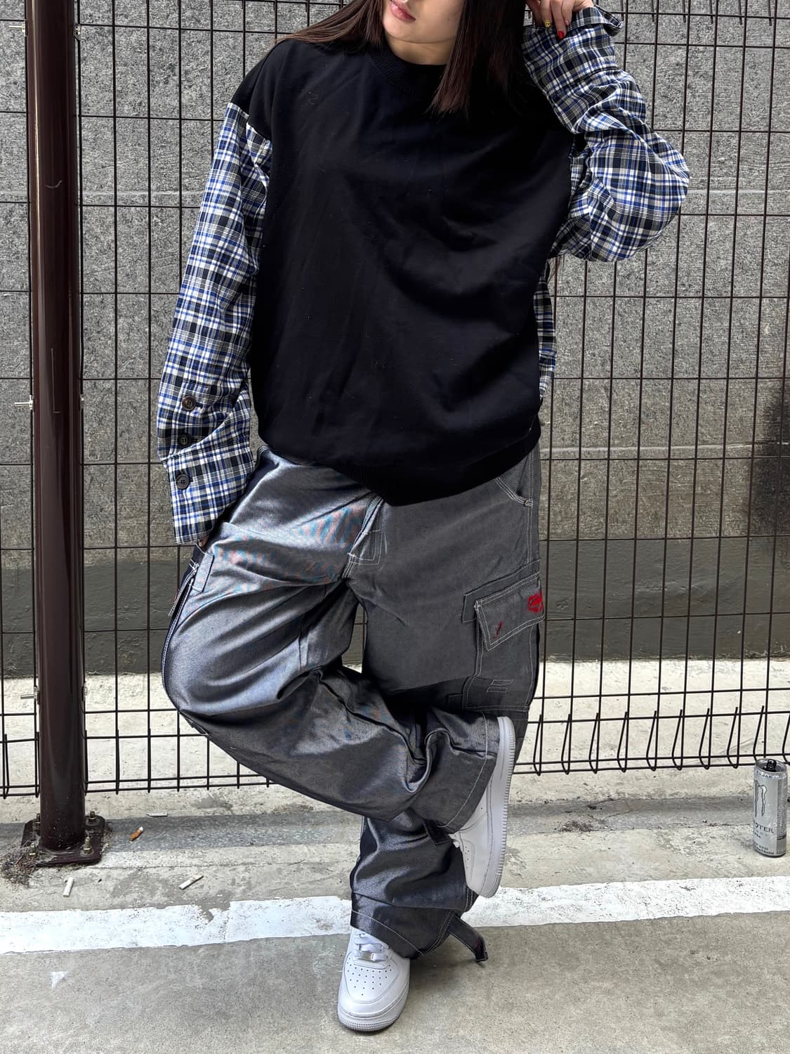 솔리드옴므 체크 배색 맨투맨 상품이미지5