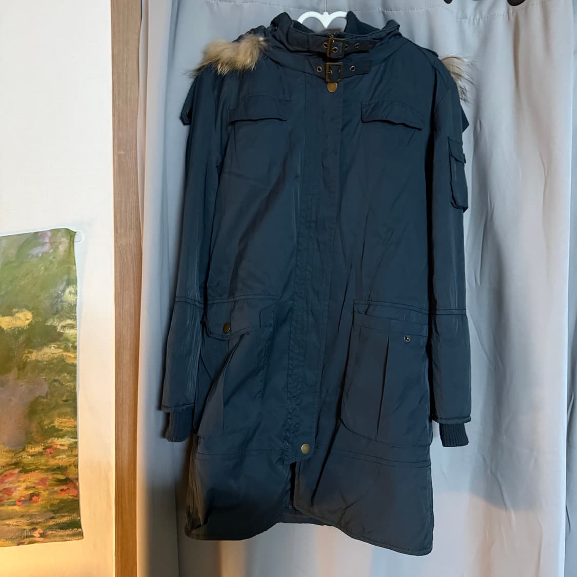 Y2k 후드 퍼 롱 야상 점퍼 (네이비/블루그레이) 상품이미지1