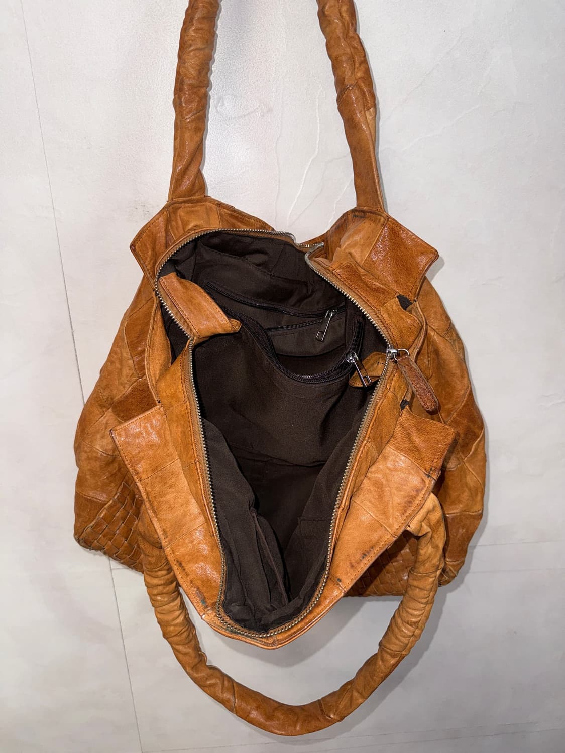 Camel brown woven leather patchwork 토트백 상품이미지5