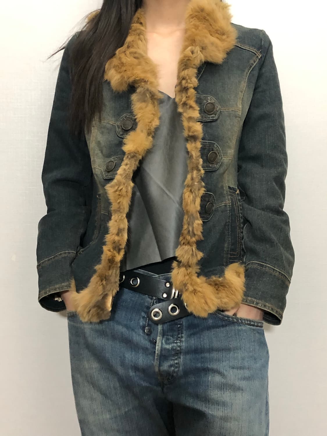 빈티지 브라운 래빗 퍼 데님 자켓 상품이미지2