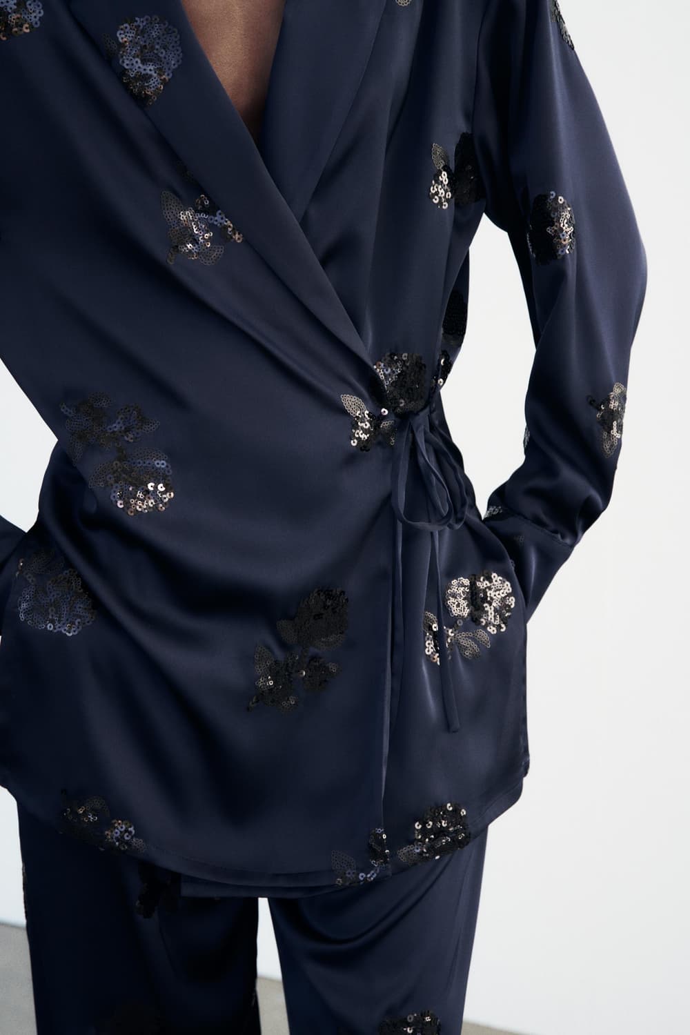 zara 자라 스팽클 새틴 네이비 와이드 스트랩 블레이져 자켓 M 새상품 상품이미지4