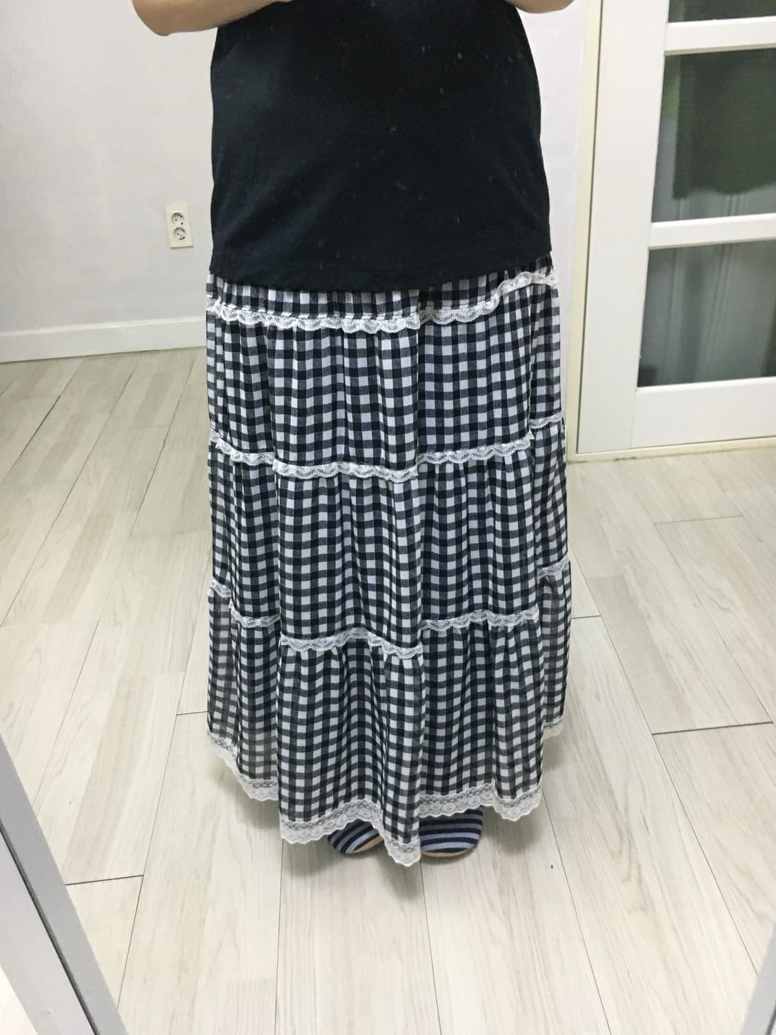 블랙 체크 레이스 롱 스커트 상품이미지4