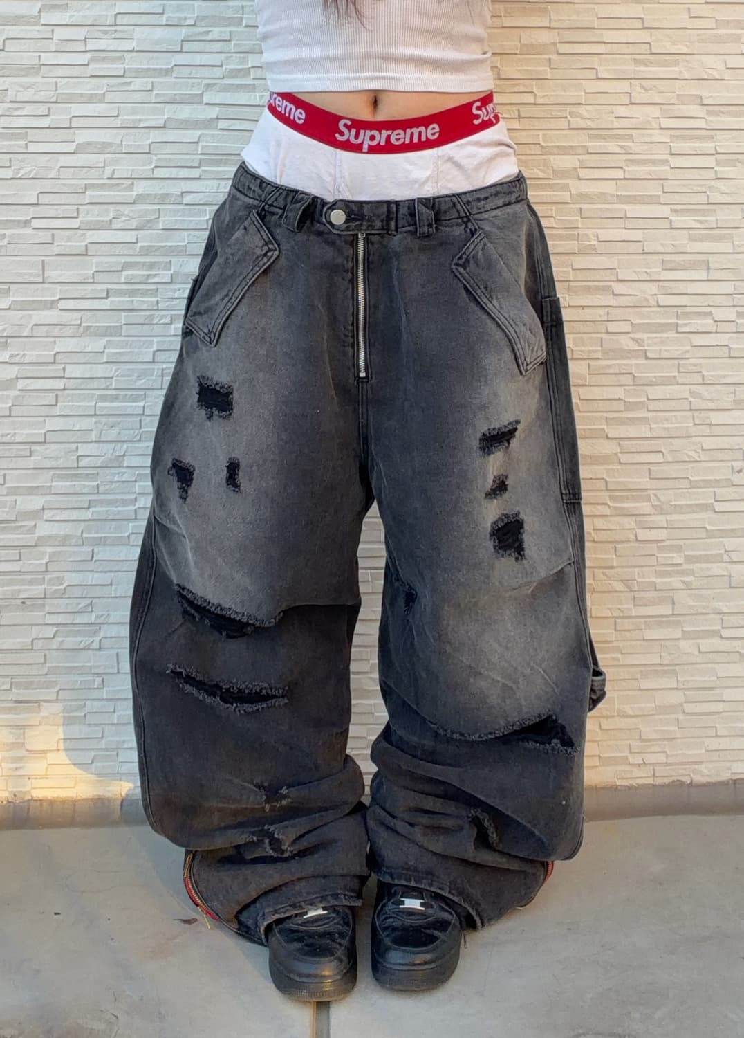 [unisex] 크러시 블랙 디스트로이드 흑청 와이드 pts 상품이미지4