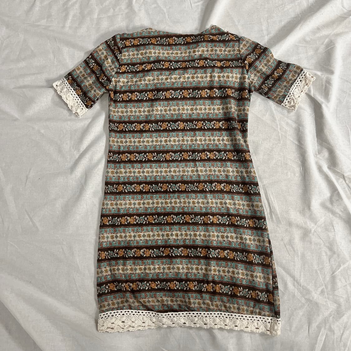 모리걸 히피 보헤미안 민트 브라운 패턴 레이스 원피스 상품이미지2