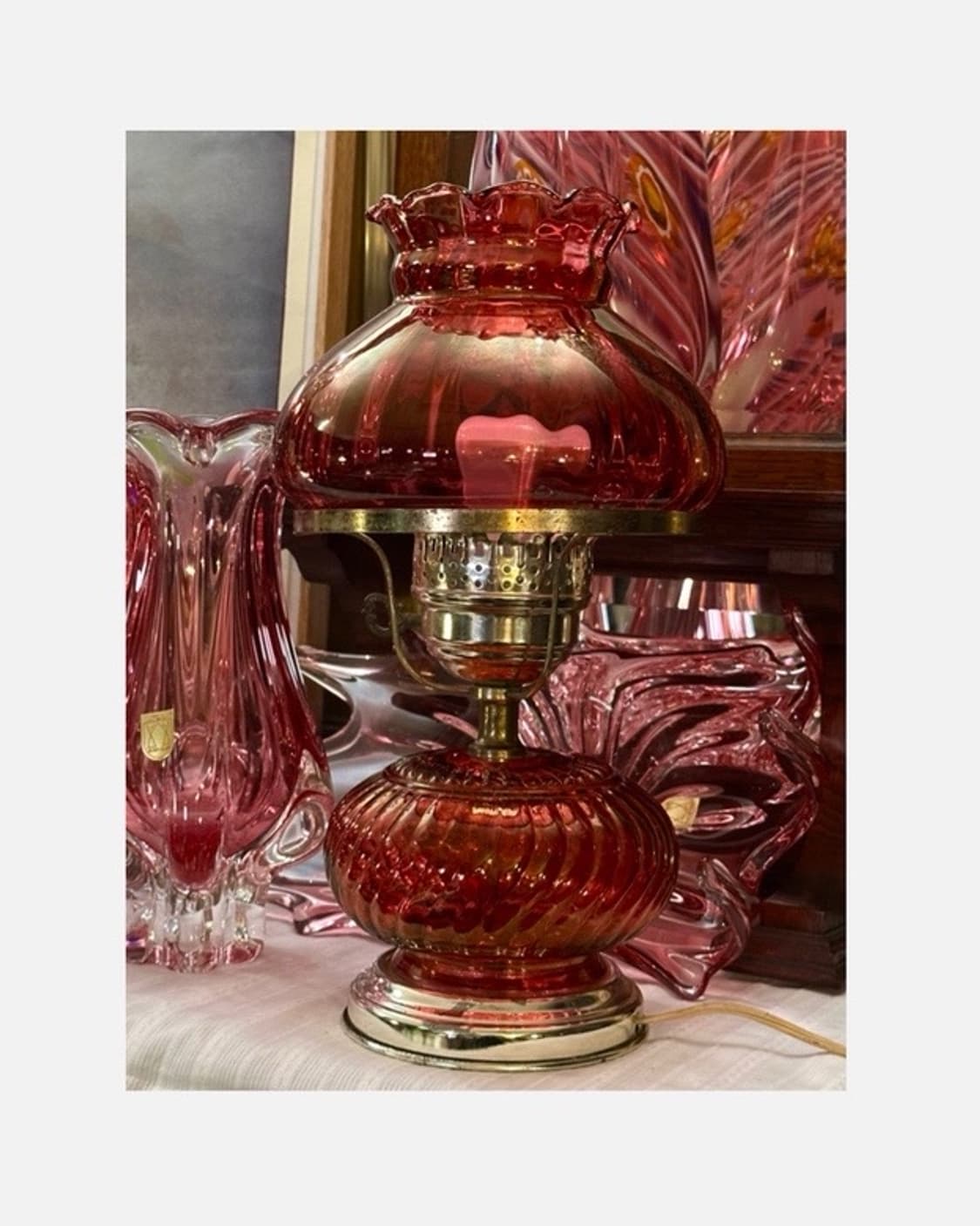 미국 빈티지 fenton 크랜베리 스월 글라스 램프 조명 상품이미지1