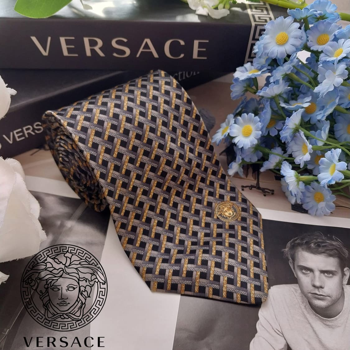 베르사체 실크 블랙 메두사 기하 패턴 넥타이 9.1cm B등급 K1773 상품이미지1