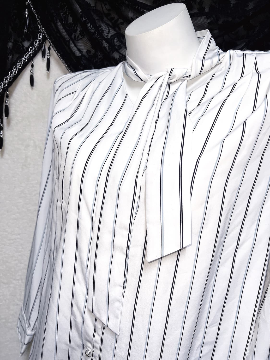 로맨틱갸루 스트라이프 타이 블라우스 셔츠 로걀탑 긱시크 프레피 오피스 상품이미지2