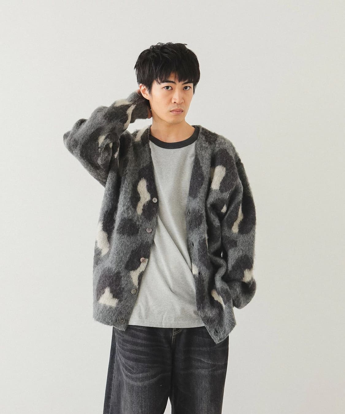 빔즈 그레이 모헤어 샤기 레오파드 가디건 L 상품이미지1