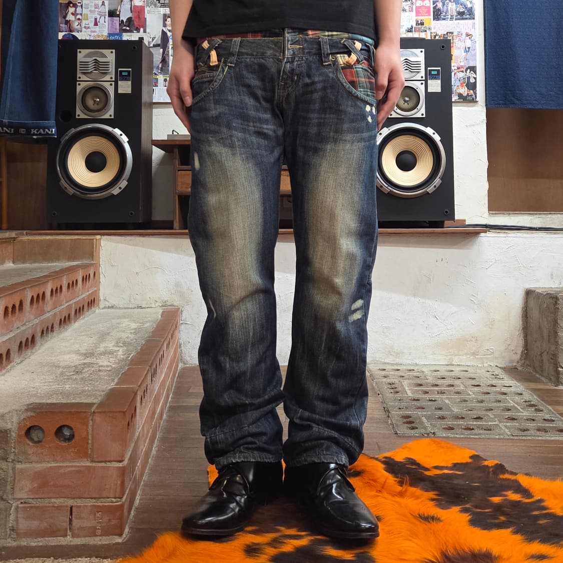 JPN 레이어드 체크 배색 데님 팬츠 상품이미지2