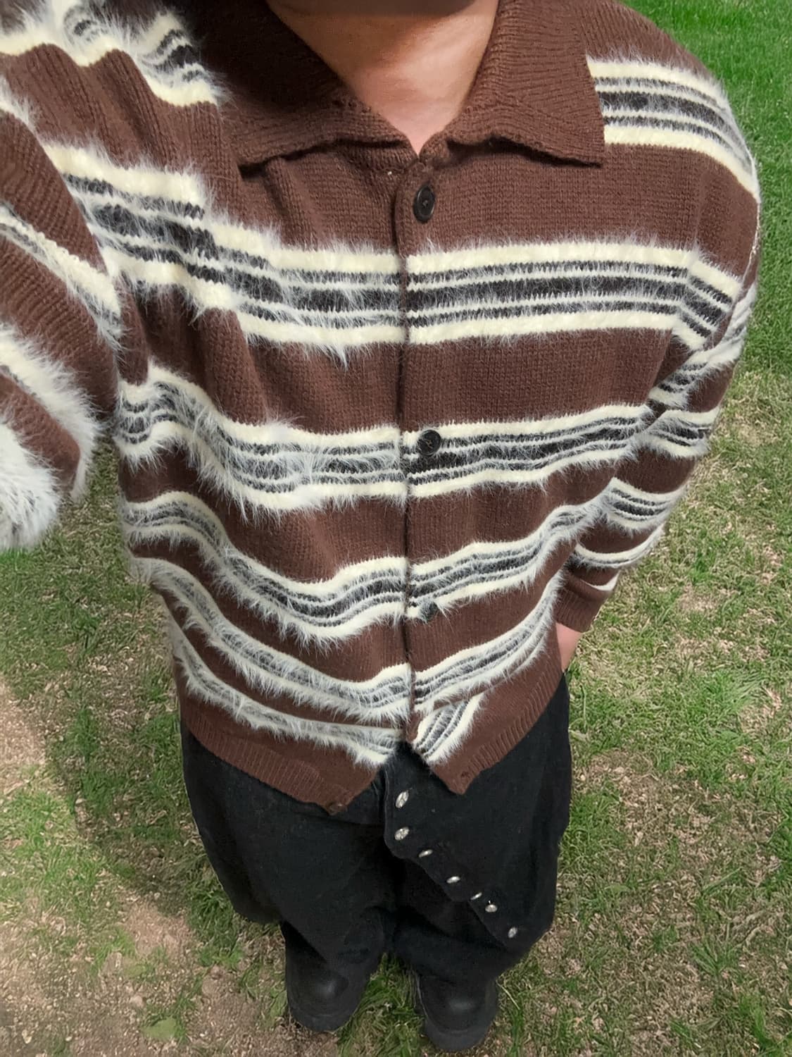 [STU 플러피 스트라이프 가디건 브라운] size L 상품이미지3