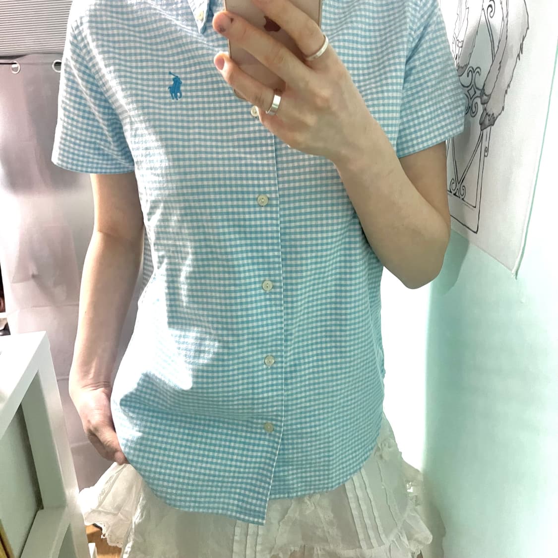 폴로 스카이블루 깅엄 체크 반팔 셔츠 상품이미지1