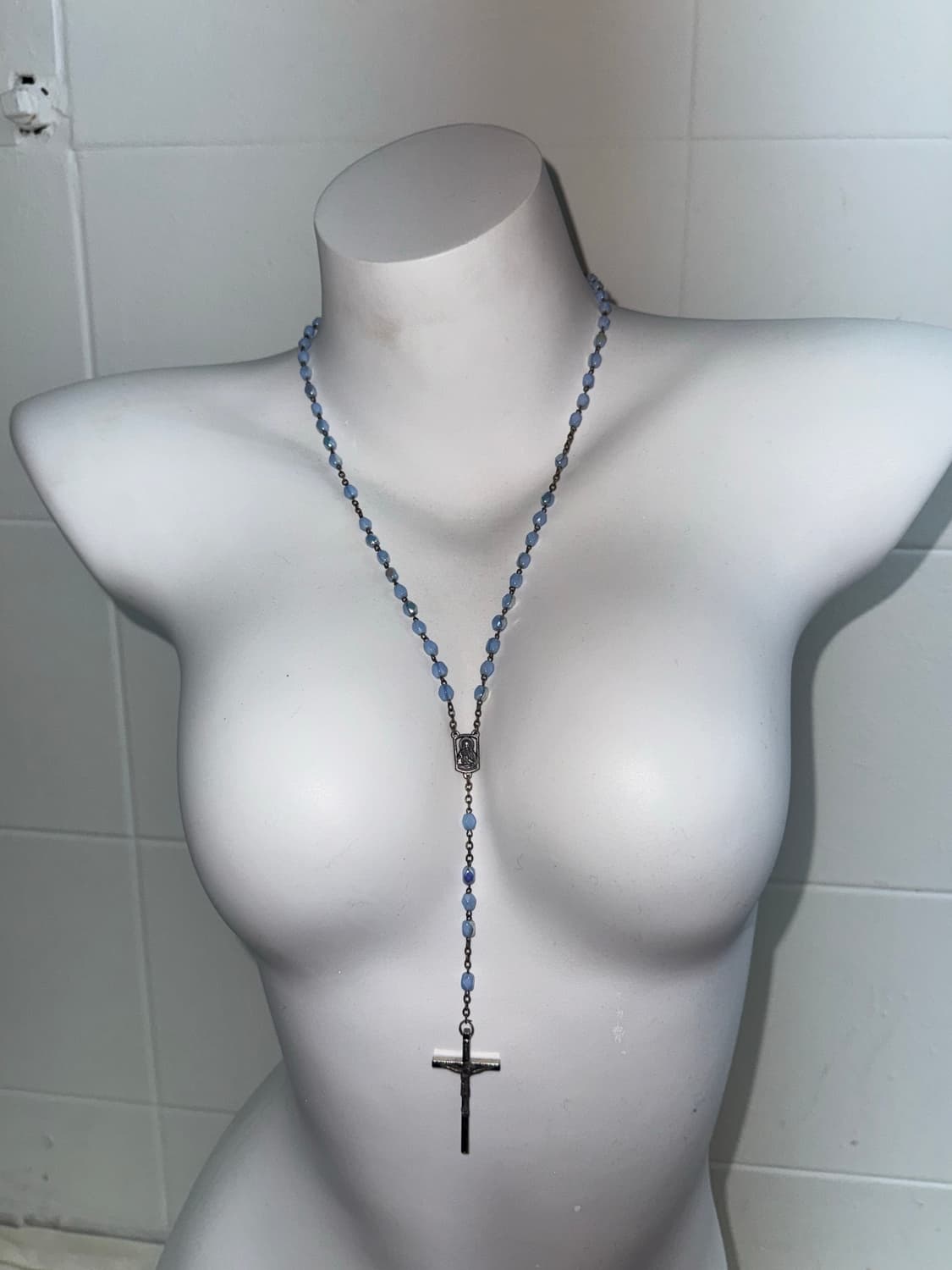빈티지 십자가 블루 보석 레이어드 롱목걸이 상품이미지1