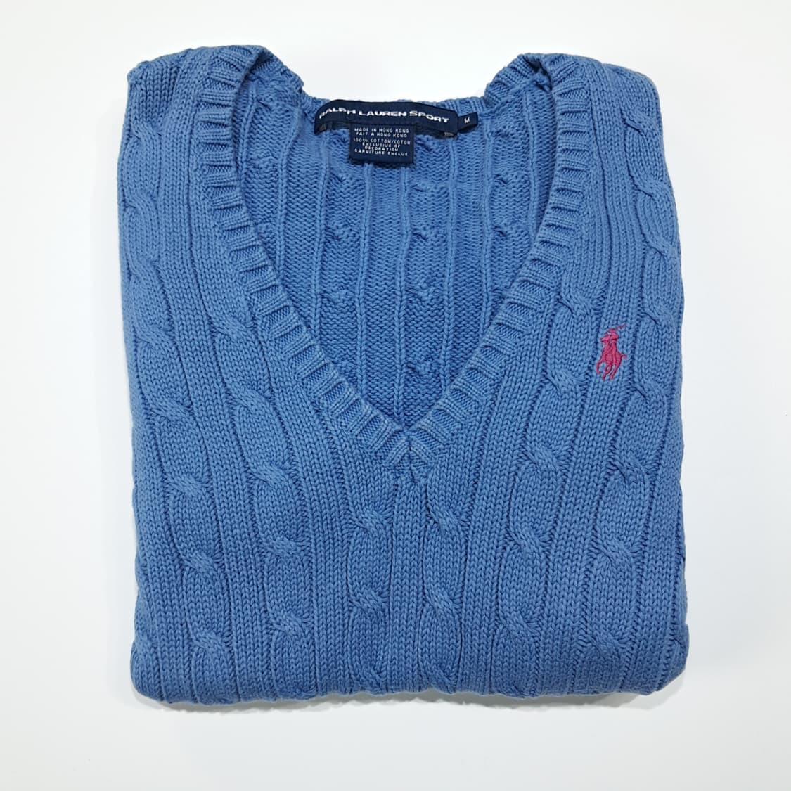 CL381 M 폴로 90s 홍콩판 코튼 케이블브이넥 블루 니트스웨터 상품이미지7