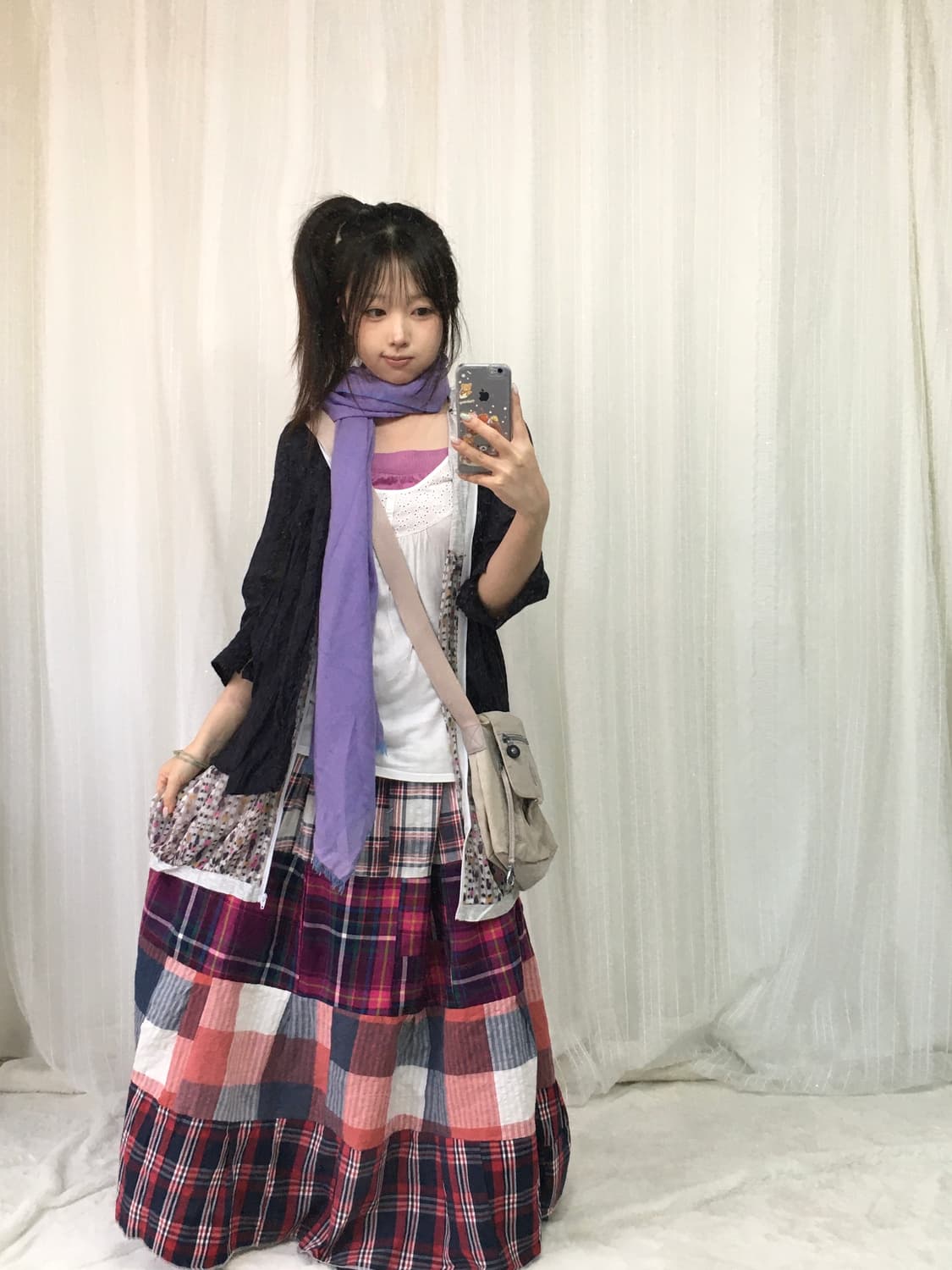 빈티지 퍼플 체크 패치 모리 임수정깔 코디세트 상품이미지1