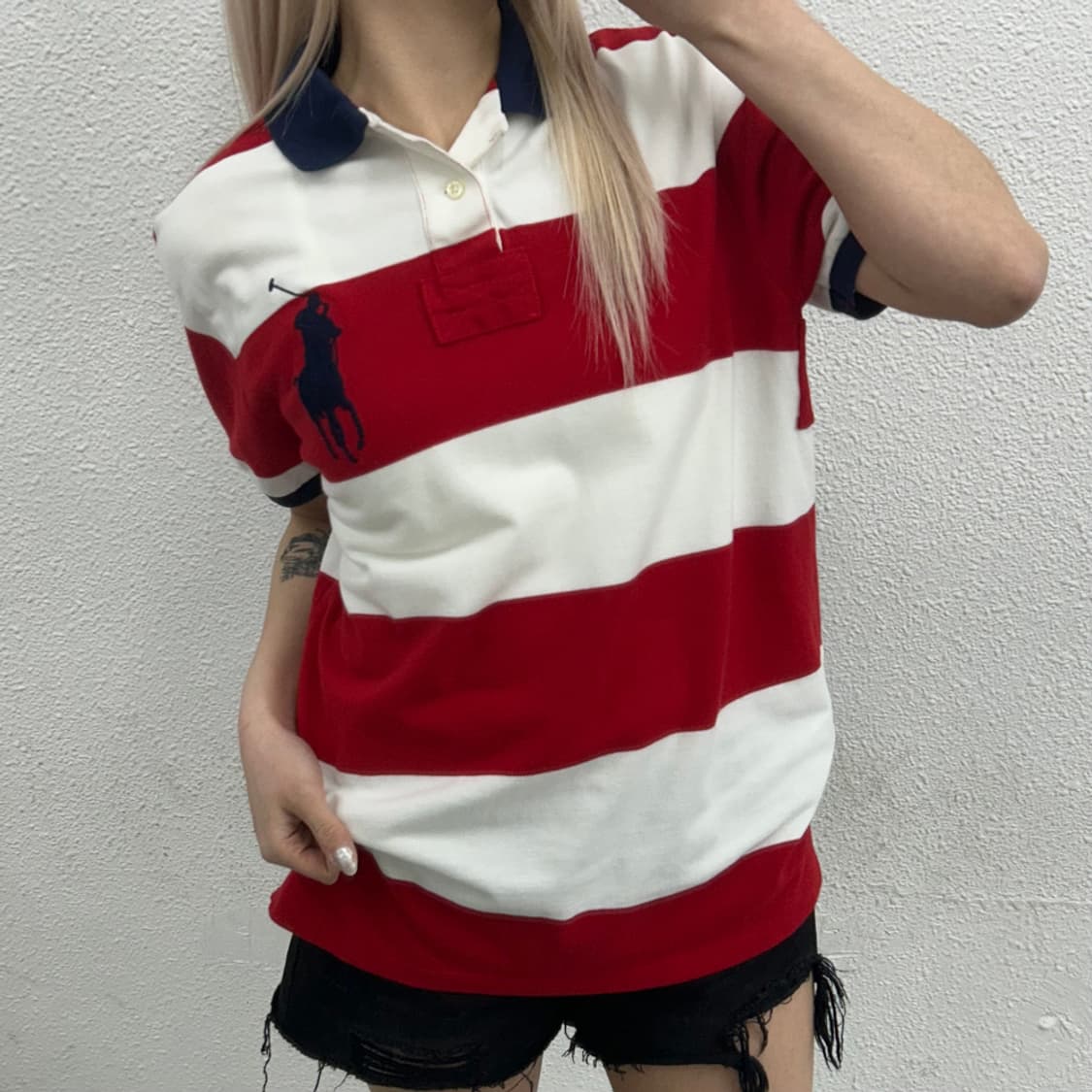 폴로 랄프로렌 빅포니 레드 단가라 성조기 화이트 pk 반팔 M 상품이미지1