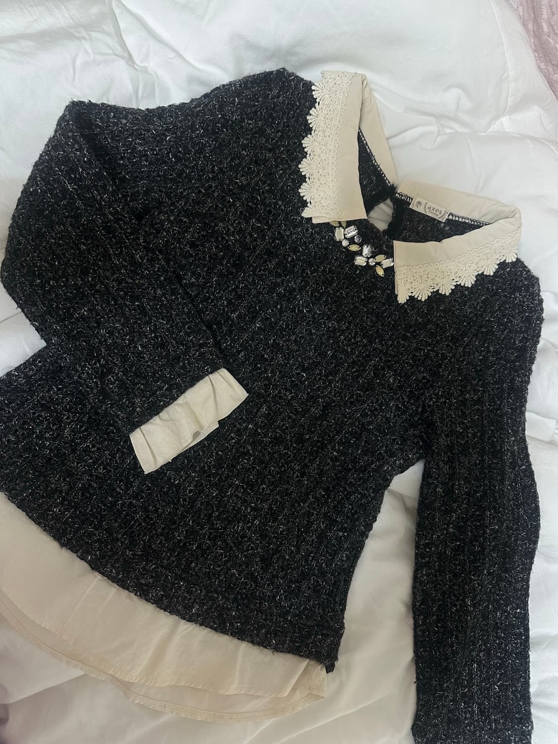 엑시즈팜 히메/로맨틱갸루 모리걸 레이스넥 셔츠 레이어드 니트 상품이미지1