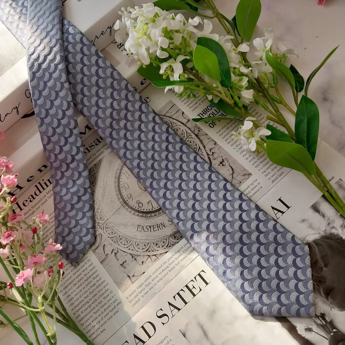 아쿠아스큐텀 실크 라이트블루 패턴 넥타이 7cm A+등급 k1744 상품이미지3