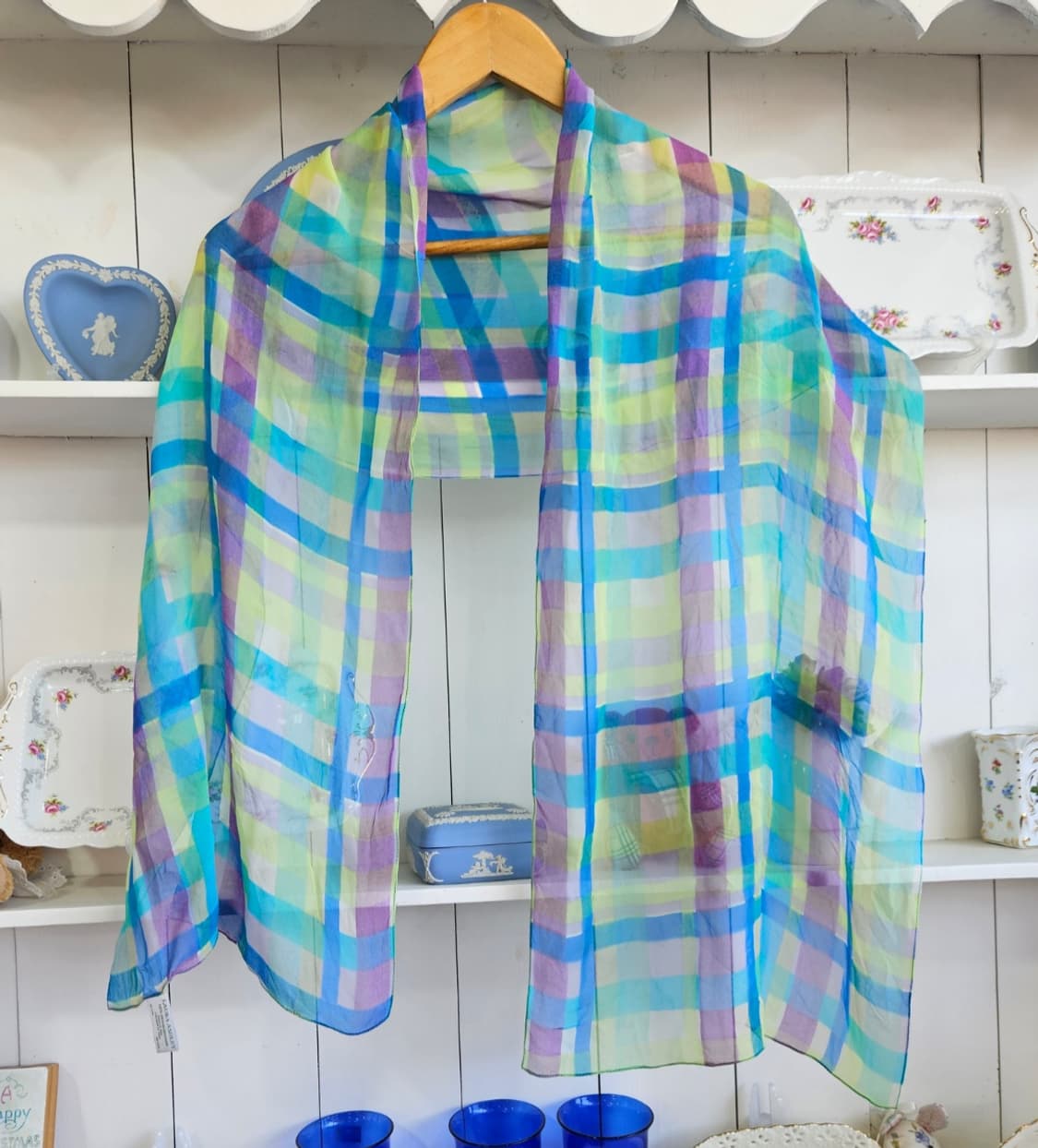 로라애슐리(LAURA ASHLEY) 이탈리아제 실크 체크 롱 스카프 상품이미지1