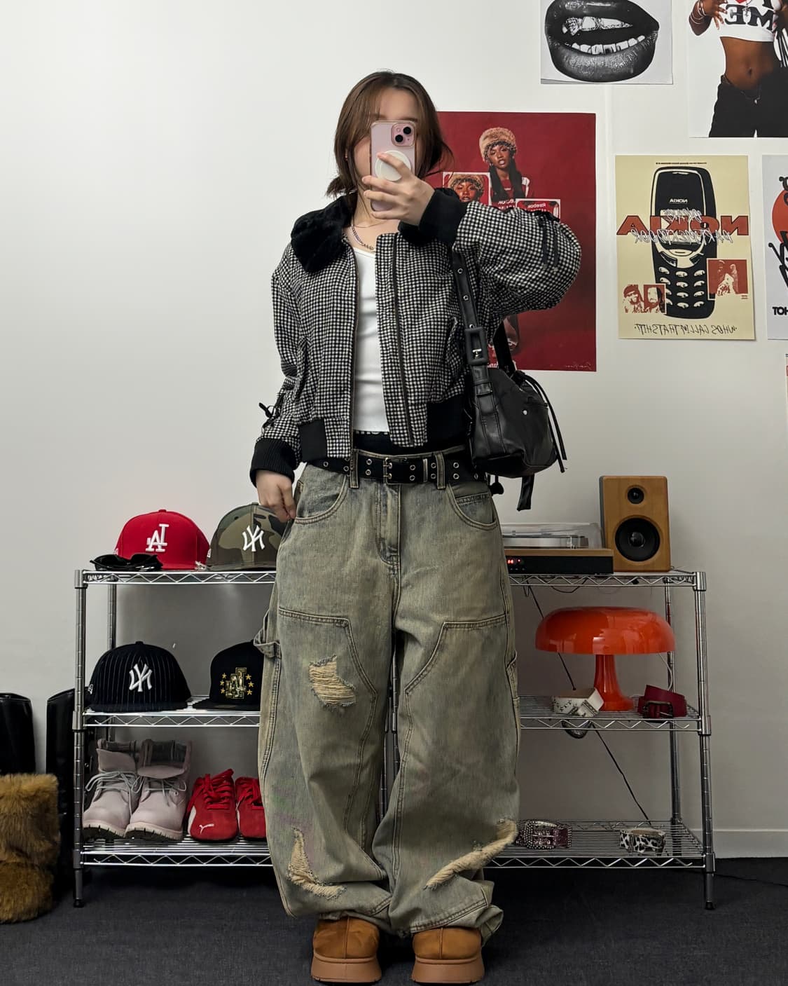 올드 빈티지 체크패턴 크롭 퍼 자켓 상품이미지4