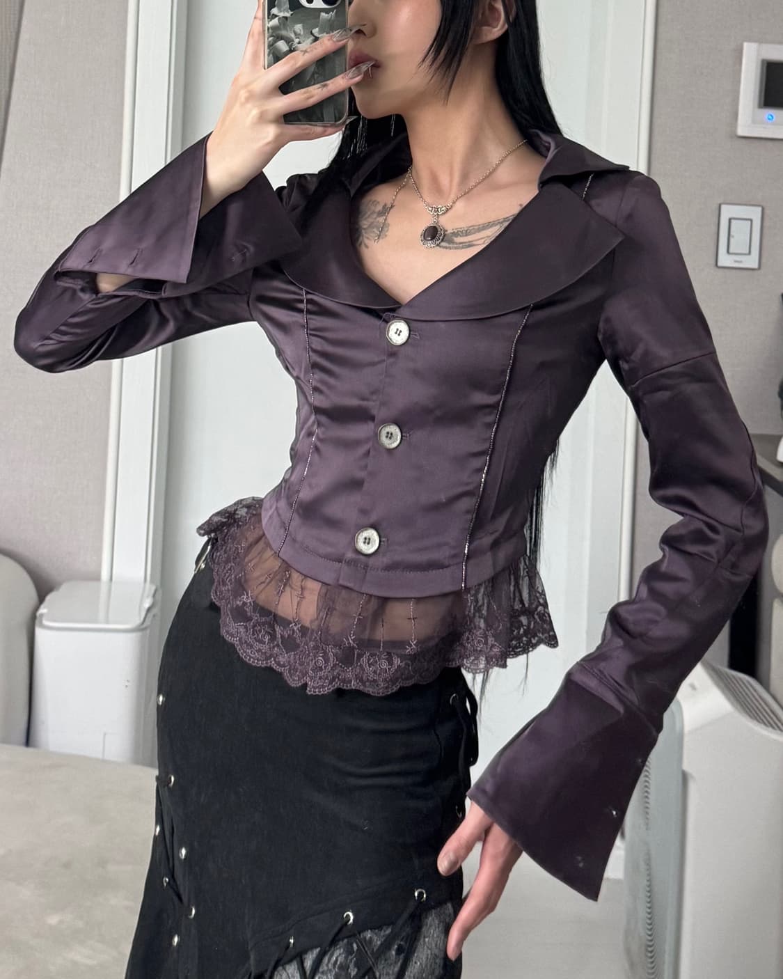 ༒ Lace-trimmed Satin Sparkly Blazer 상품이미지2