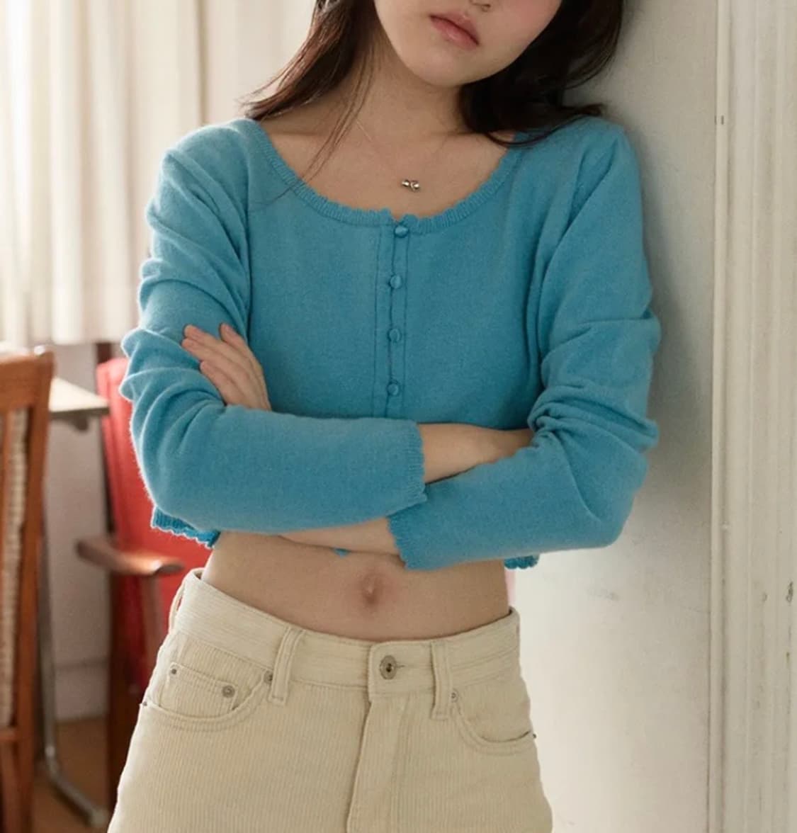[공홈 품절] 마그넷 캐시미어 레이스 가디건 블루 상품이미지1