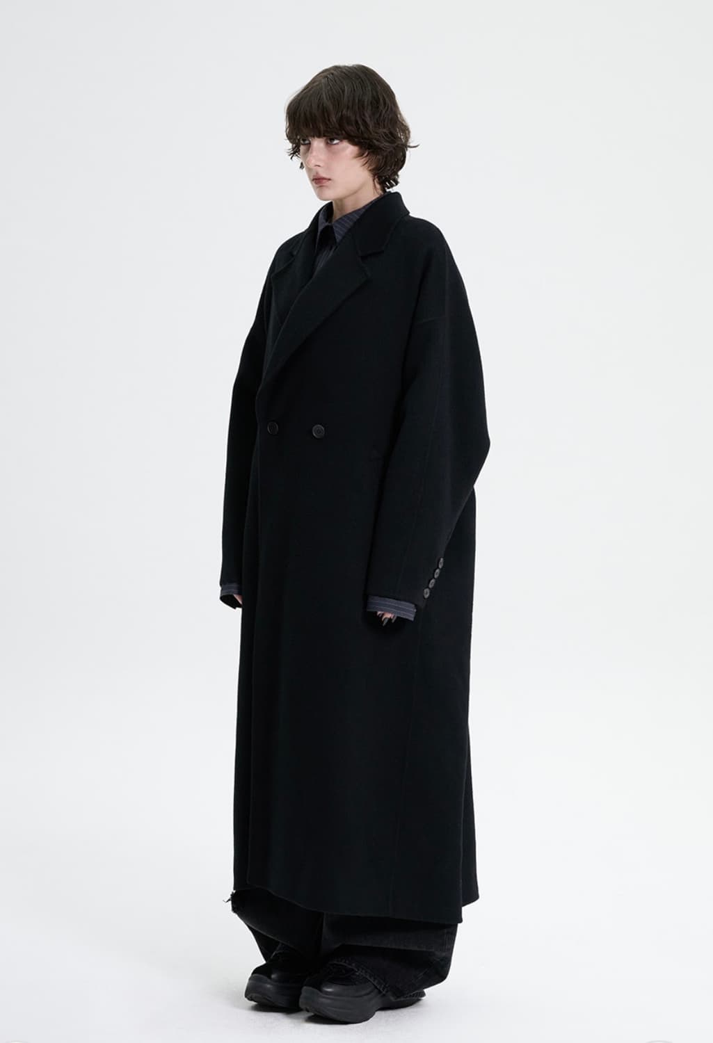 트리밍버드 핸드메이드 와이드 롱코트 블랙 상품이미지2